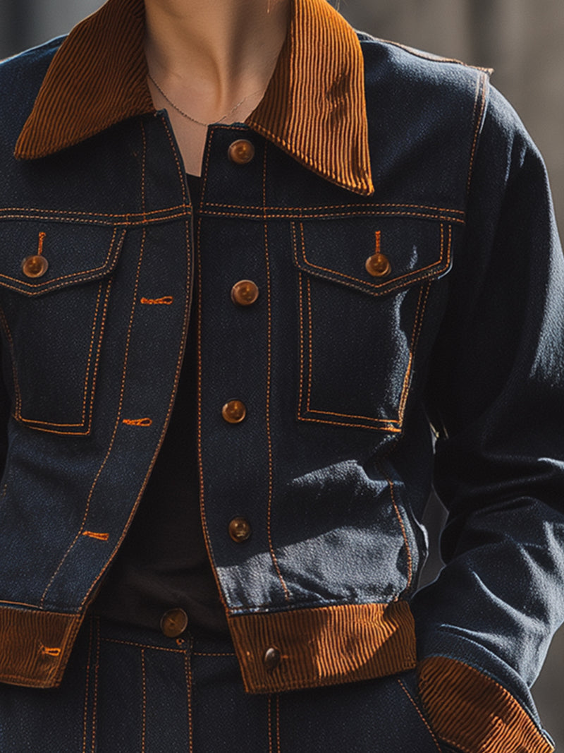 Contrast-Corduroy Trimmed Dark Denim Jacket