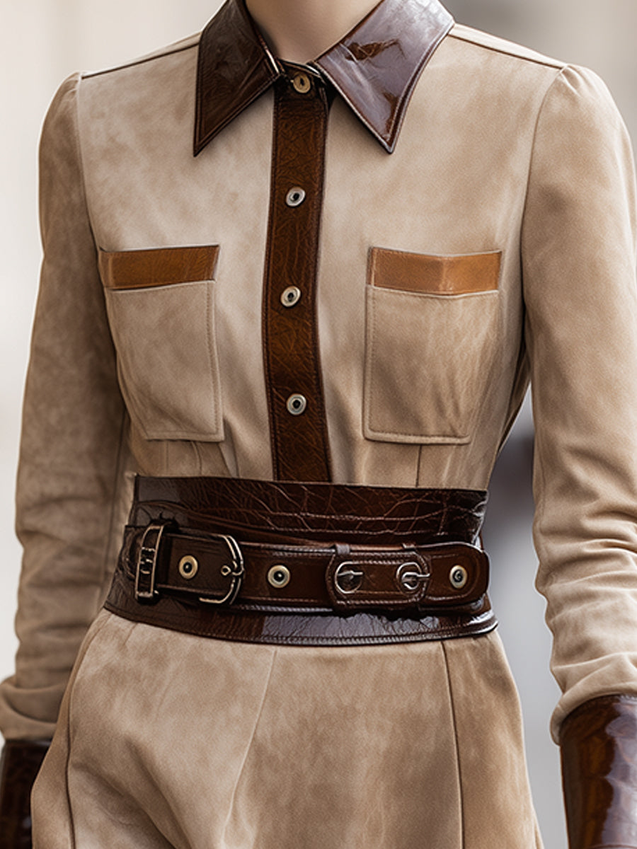 Two-Tone Suede And Leather Belted Shirt Dress