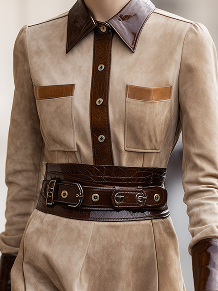 Two-Tone Suede And Leather Belted Shirt Dress
