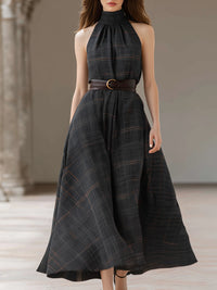 Halter-Neck Plaid Maxi Dress