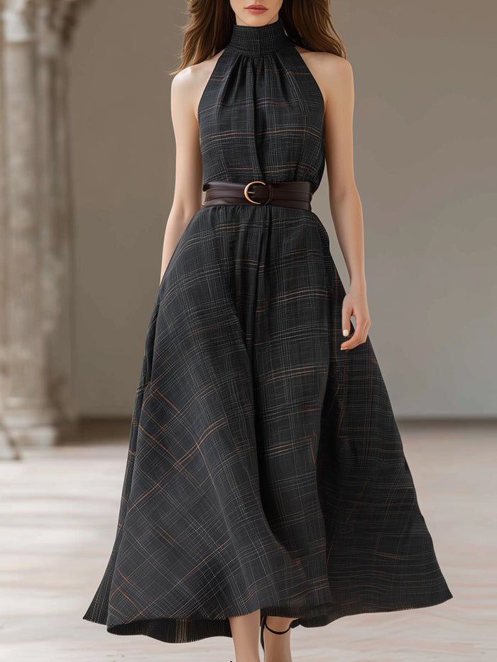 Halter-Neck Plaid Maxi Dress
