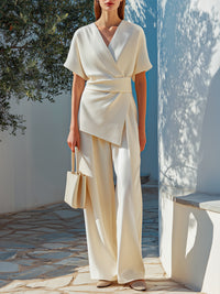 Wrap-Front Textured Top & Wide-Leg Pants Elegant Set