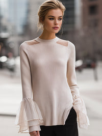 Knit Top With Bell Sleeves And Mesh Neckline