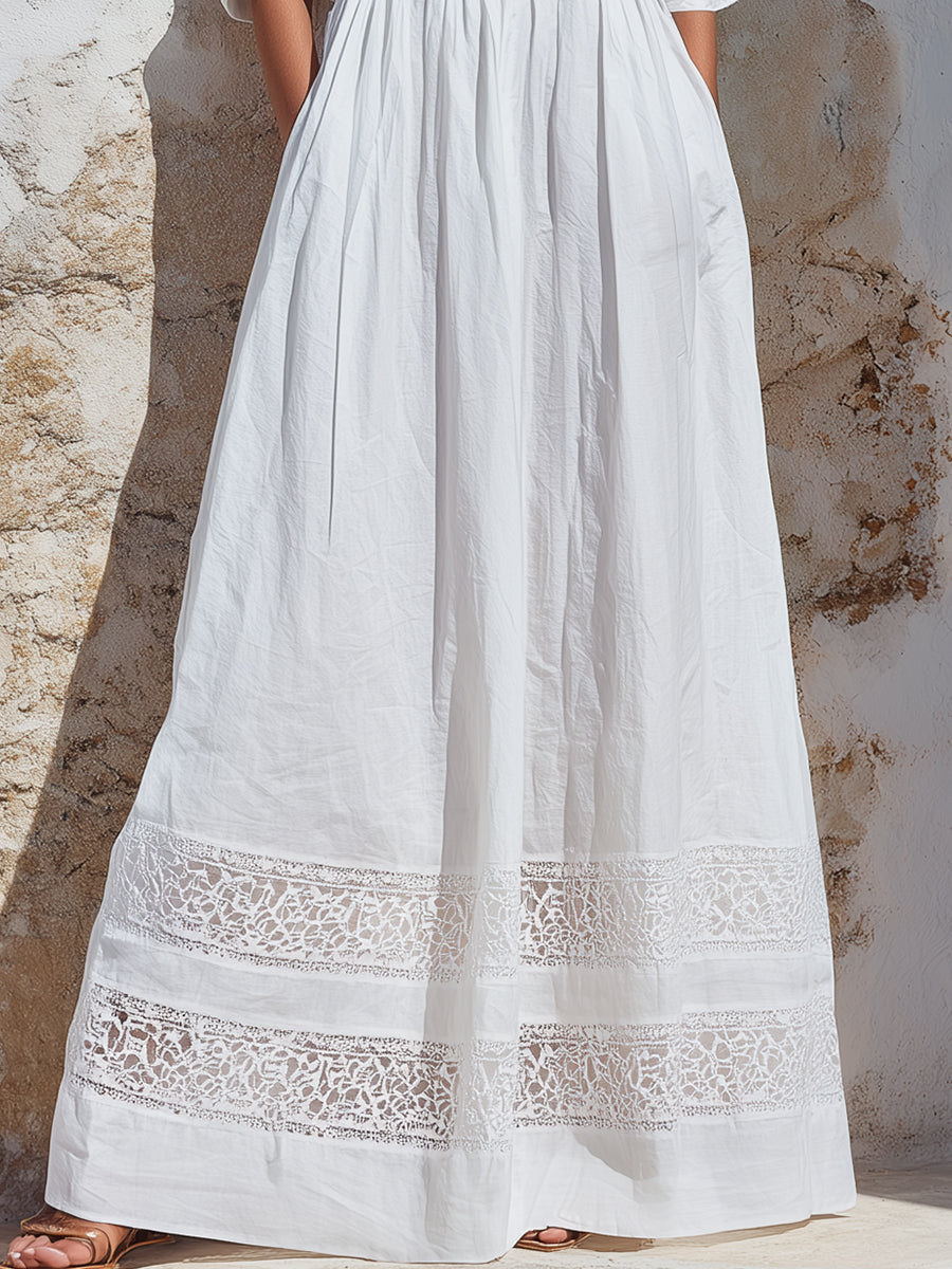 Lace-Trim Button-Front Maxi Shirt Dress