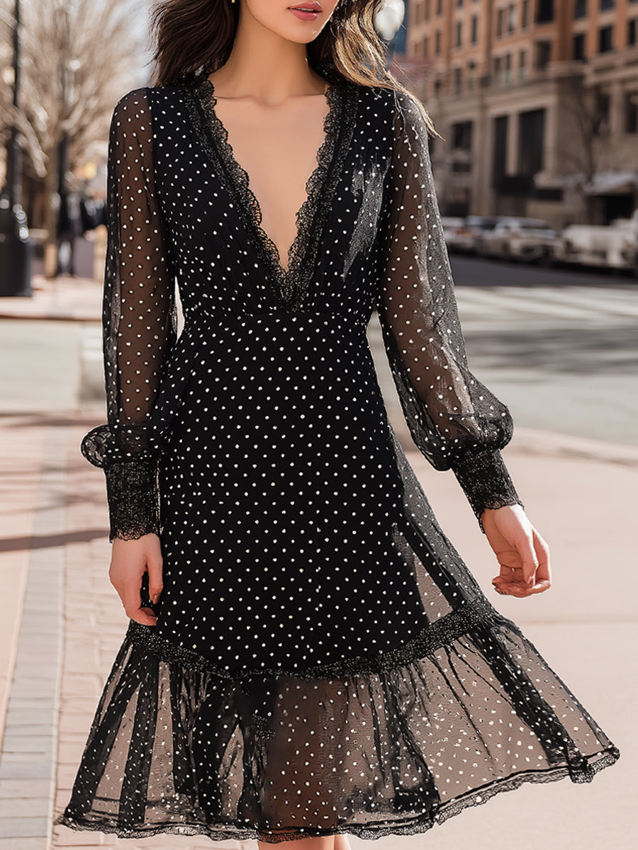 Black Polka Dot Lace-Trim Deep V Chiffon Dress