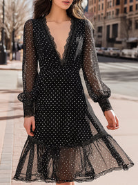 Black Polka Dot Lace-Trim Deep V Chiffon Dress