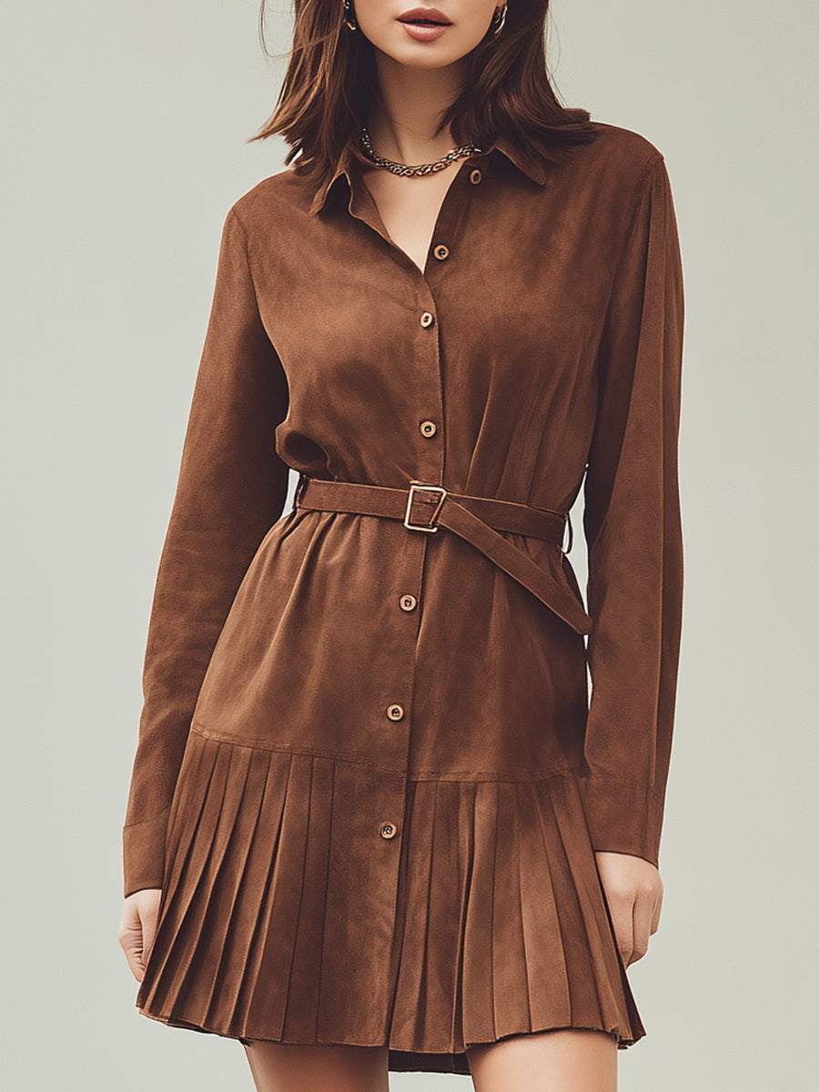 Brown Pleated Suede Shirt Dress With Belt
