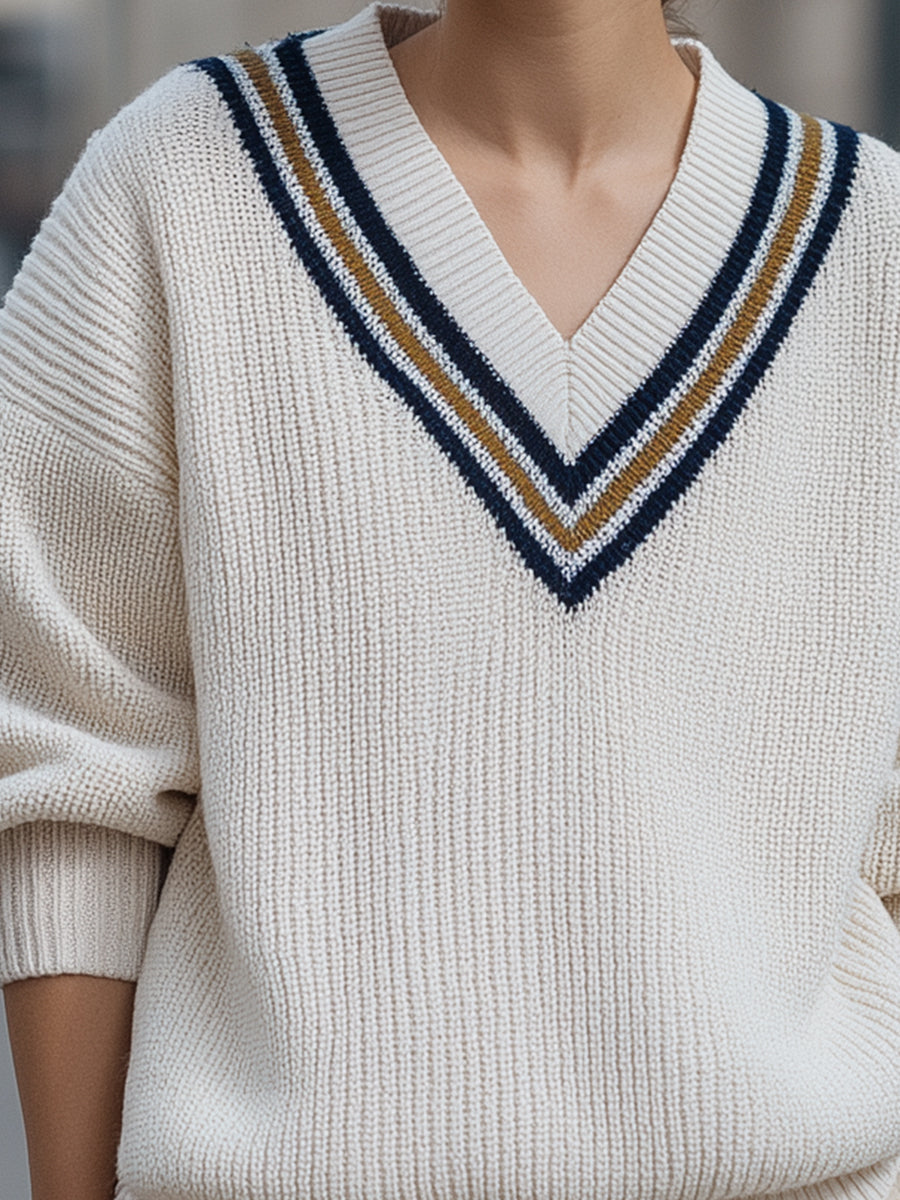 Ivory V-Neck Knit Sweater With Contrast Stripe Detail