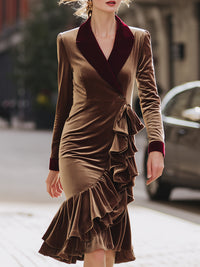 Mocha Velvet Ruffle Wrap Midi Dress With Burgundy Lapels
