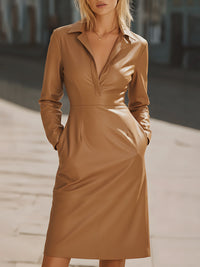 Camel Faux Leather Long-Sleeve Midi Dress