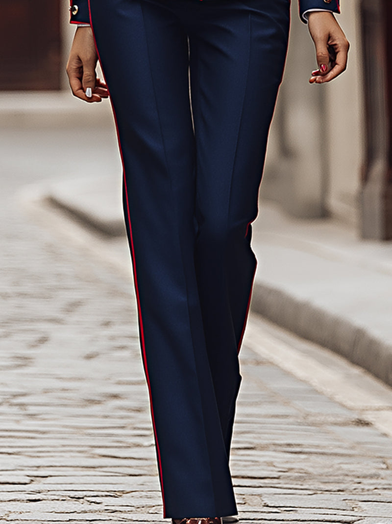 Navy Contrast Piped Double-Breasted Suit Set