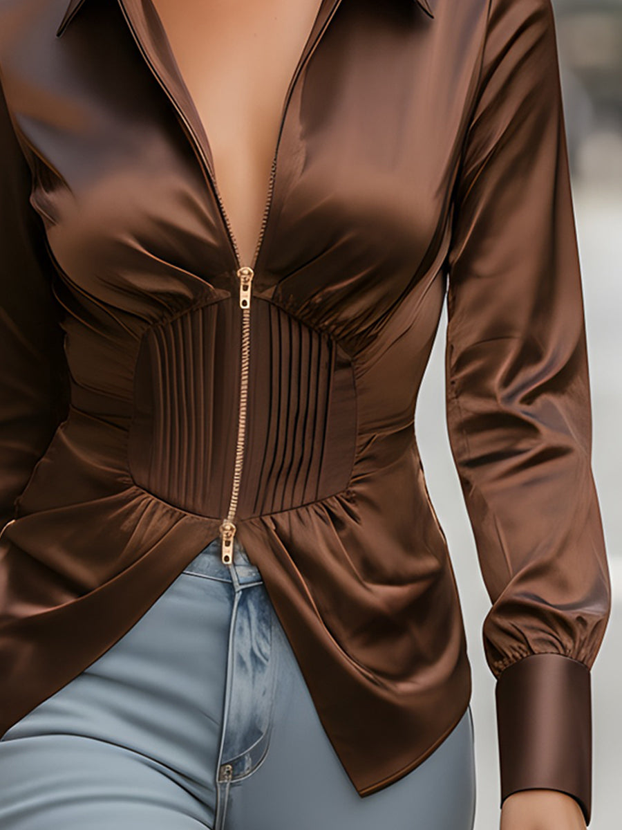 Satin Zip-Front Corset Waist Blouse