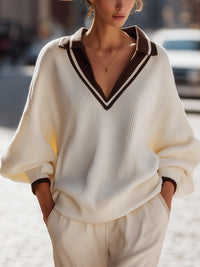Contrast Collar Oversized Knit Pullover In Ivory
