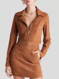 Faux Suede Zip-up Jacket And Skirt Set