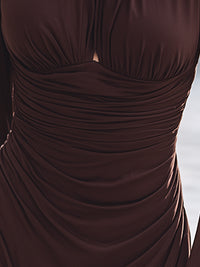 Chocolate Brown Ruched High-Neck Bodycon Dress