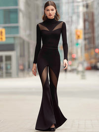 Mesh-Panel Sculpted High-Neck Flare Jumpsuit