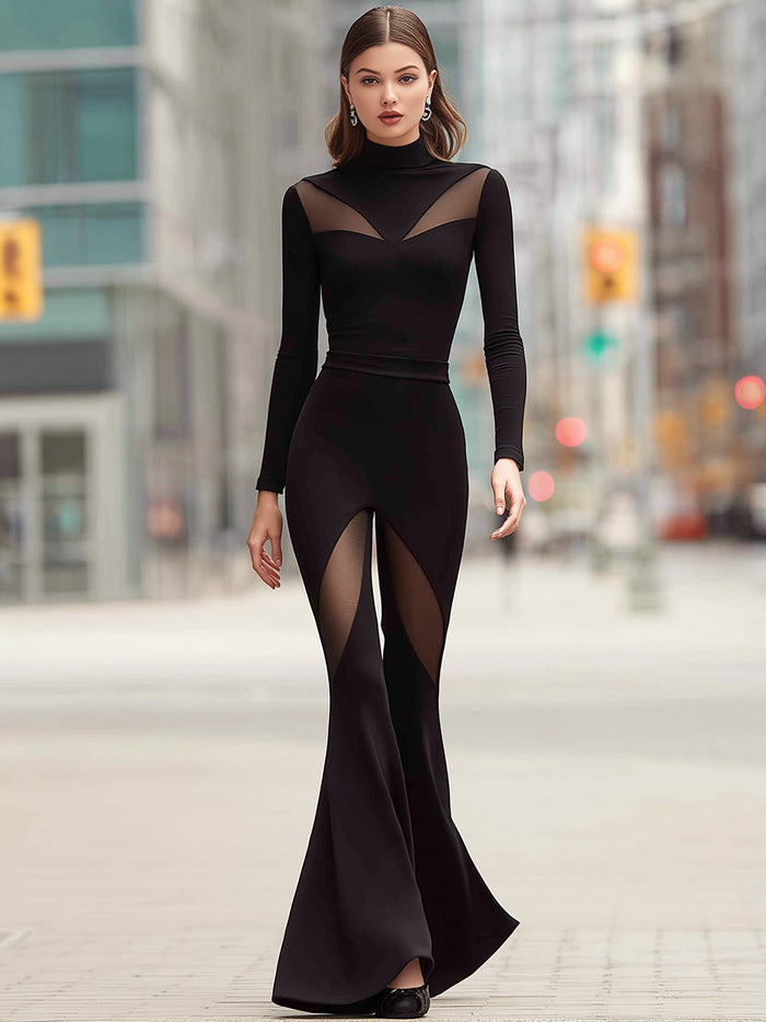 Mesh-Panel Sculpted High-Neck Flare Jumpsuit