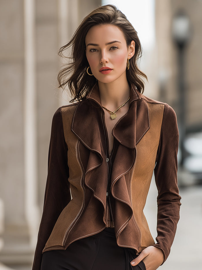 Two-Tone Suede Ruffle-Front Fitted Jacket