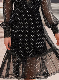 Black Polka Dot Lace-Trim Deep V Chiffon Dress