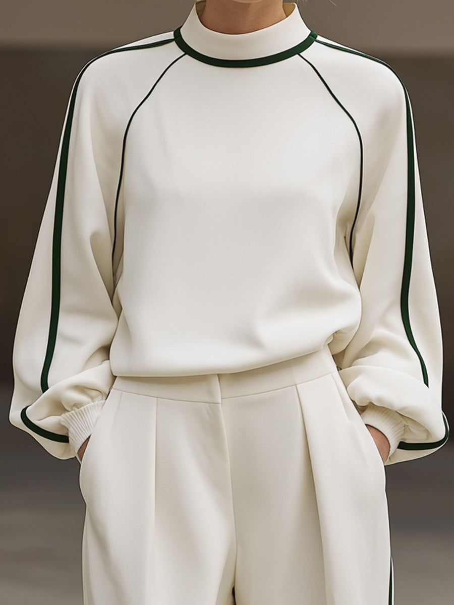 Elegant Contrast-Piped High-Neck Top & Wide-Leg Trouser Set
