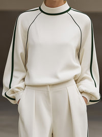 Elegant Contrast-Piped High-Neck Top & Wide-Leg Trouser Set
