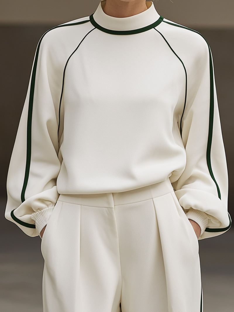 Elegant Contrast-Piped High-Neck Top & Wide-Leg Trouser Set