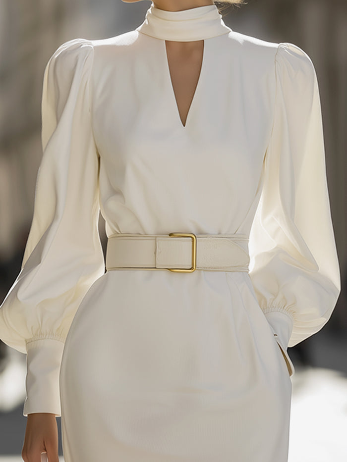 Ivory High-Neck Belted Midi Dress
