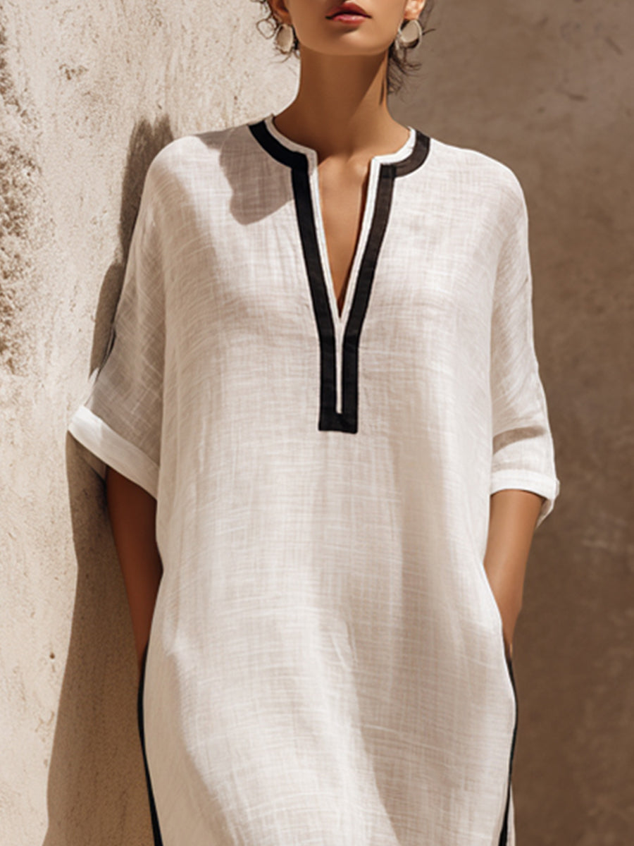 Ethereal Linen-blend  Maxi Dress With Contrast Piping