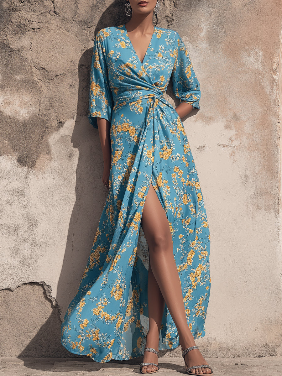 Floral Print Wrap Tie Waist Flowing Maxi Dress