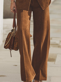 Slim-fit Suede Double-breasted Suit With Wide-leg Pants