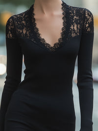Black Lace-Trimmed Knit Bodycon Dress