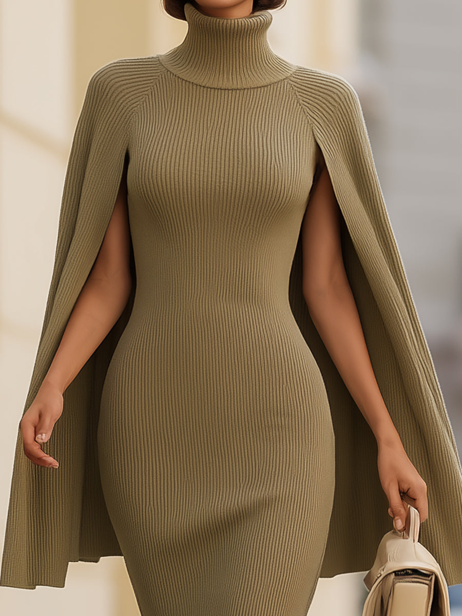 Ribbed Knit Turtleneck Cape Dress
