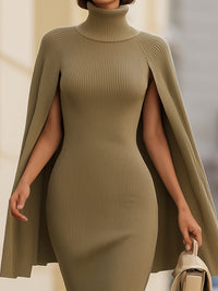 Ribbed Knit Turtleneck Cape Dress