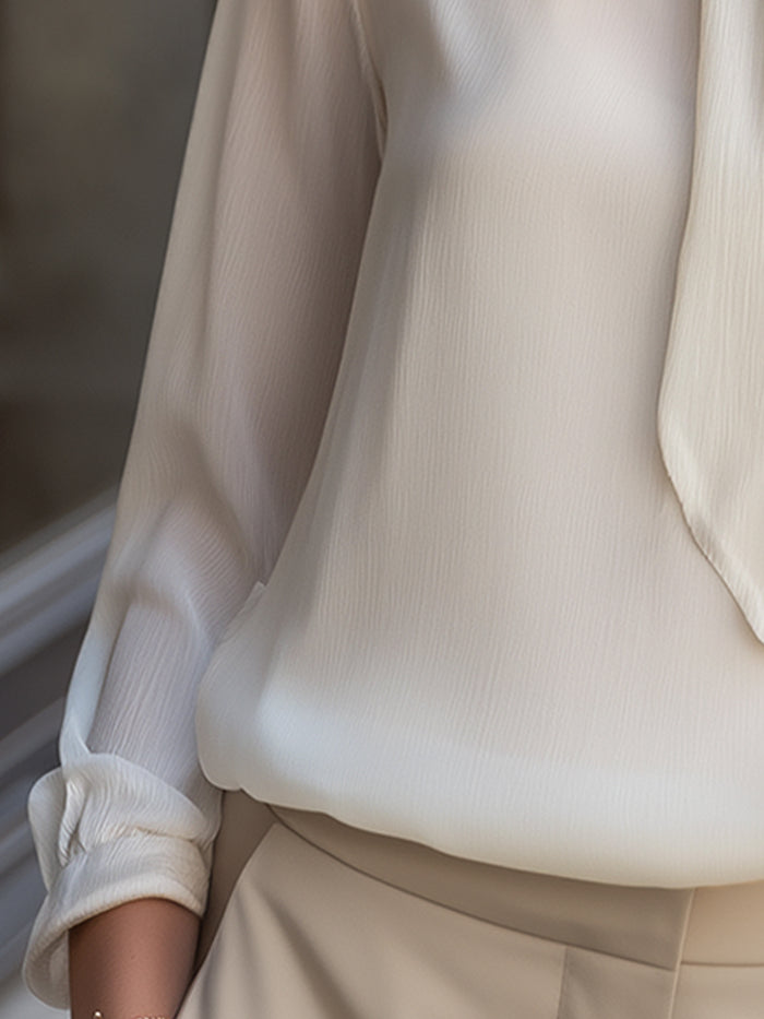 Ivory Bow-Tie Neck Sheer Chiffon Blouse