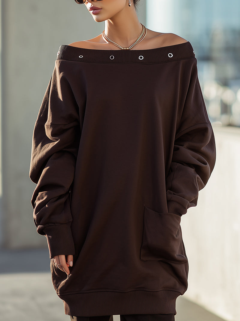 Off-Shoulder Chocolate Brown Oversized Sweatshirt Dress