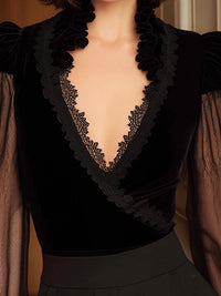 Velvet Lace-Trim Wrap Blouse With Sheer Sleeves