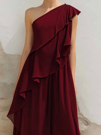 Elegant One-Shoulder Ruffle Chiffon Maxi Dress