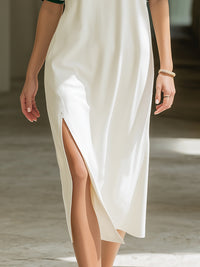 Contrast Trim Stand Neck Short Sleeve Slit Midi Dress