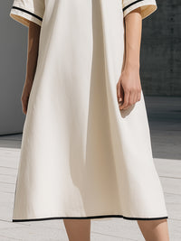 Minimalist Notched V-Neck Piped Midi Shift Dress