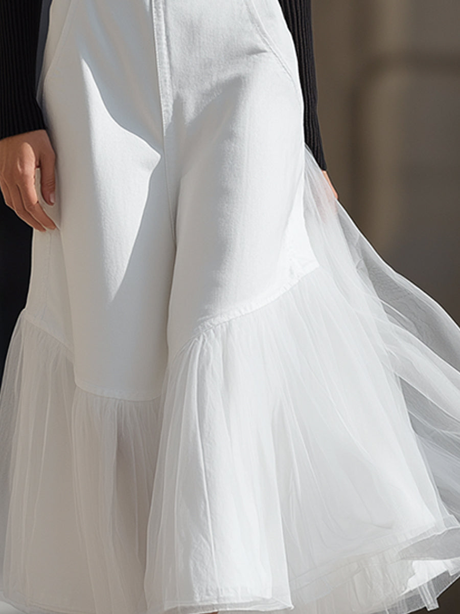 Elegant White Tulle-trimmed Denim Overalls