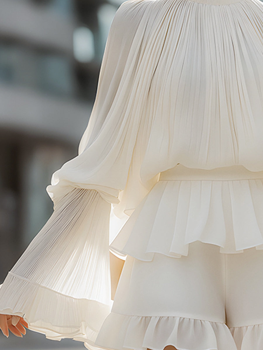 Pleated Lantern-Sleeve Ruffle Hem Two-Piece Set