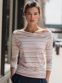 Off-Shoulder Draped Striped Knit Top