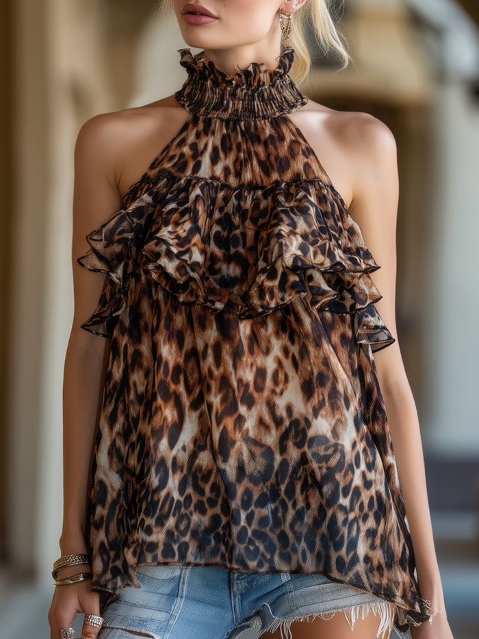 Leopard Print Ruffled High-Neck Halter Blouse