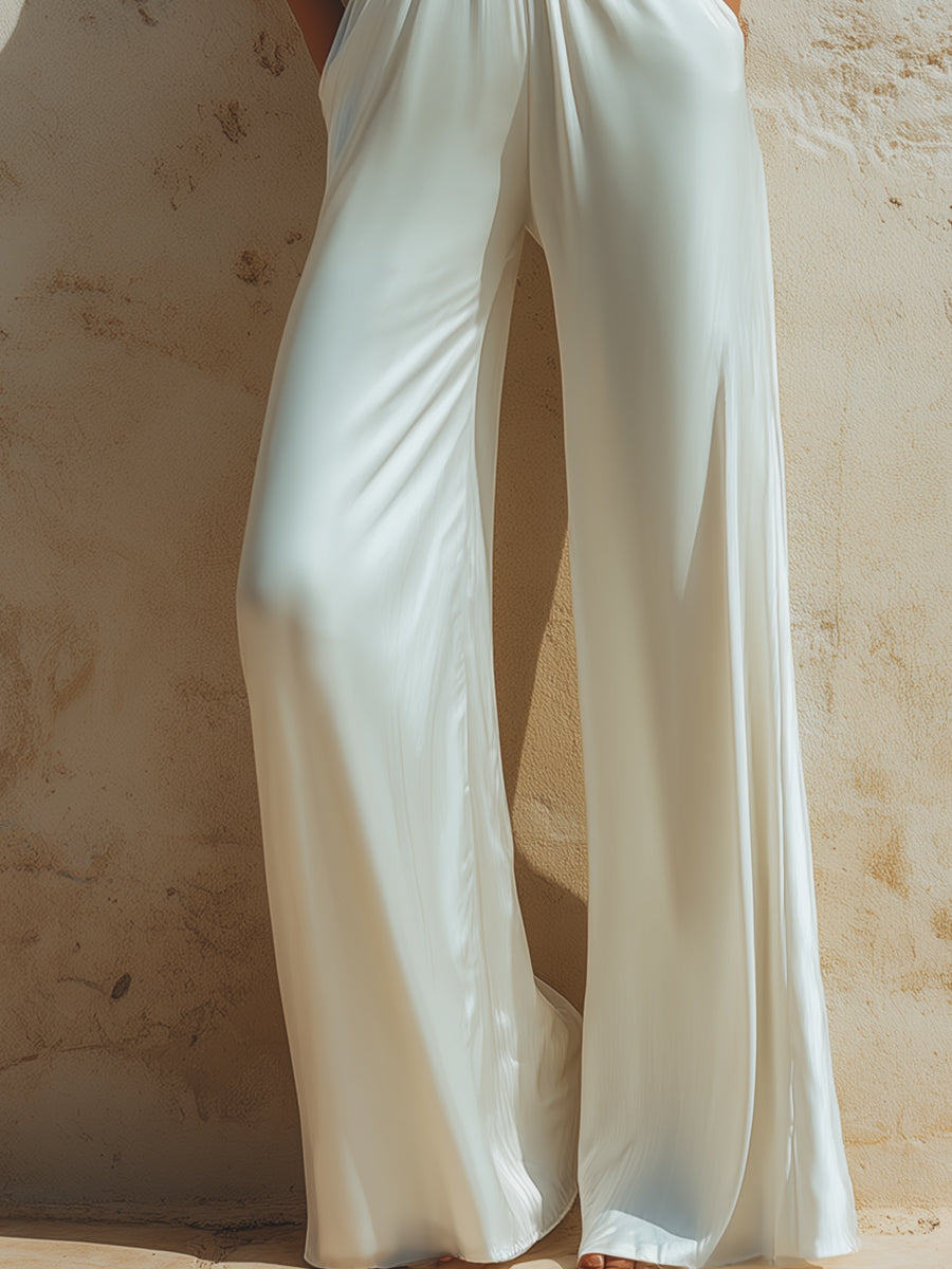 Elegant Halter Neck Draped Wide-Leg Jumpsuit