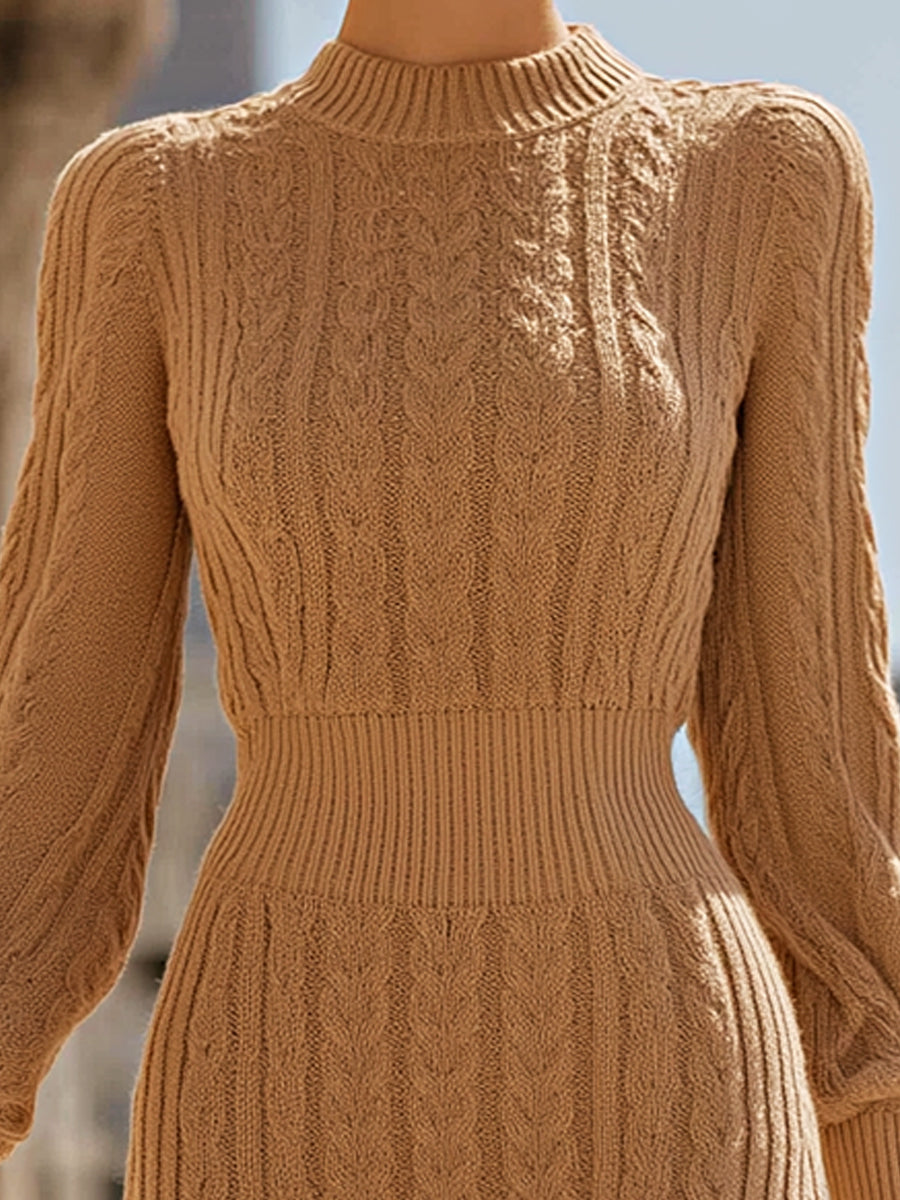 Camel Knit Long Sleeve Midi Dress