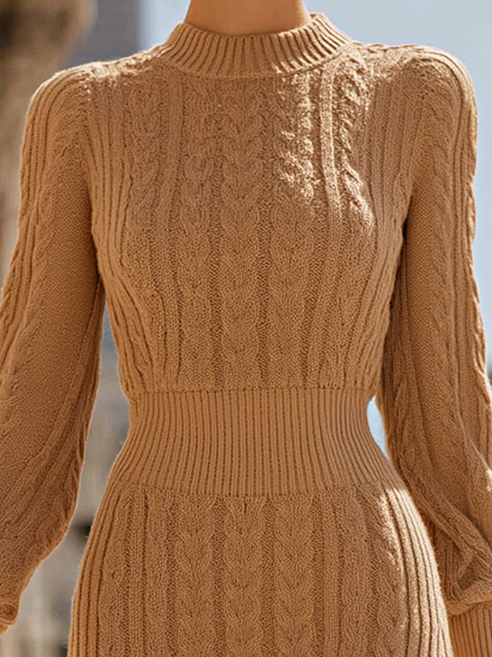 Camel Knit Long Sleeve Midi Dress