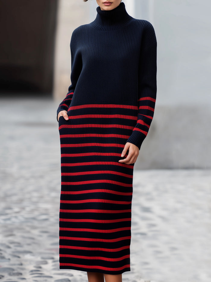 Navy & Red Striped Turtleneck Knit Midi Dress