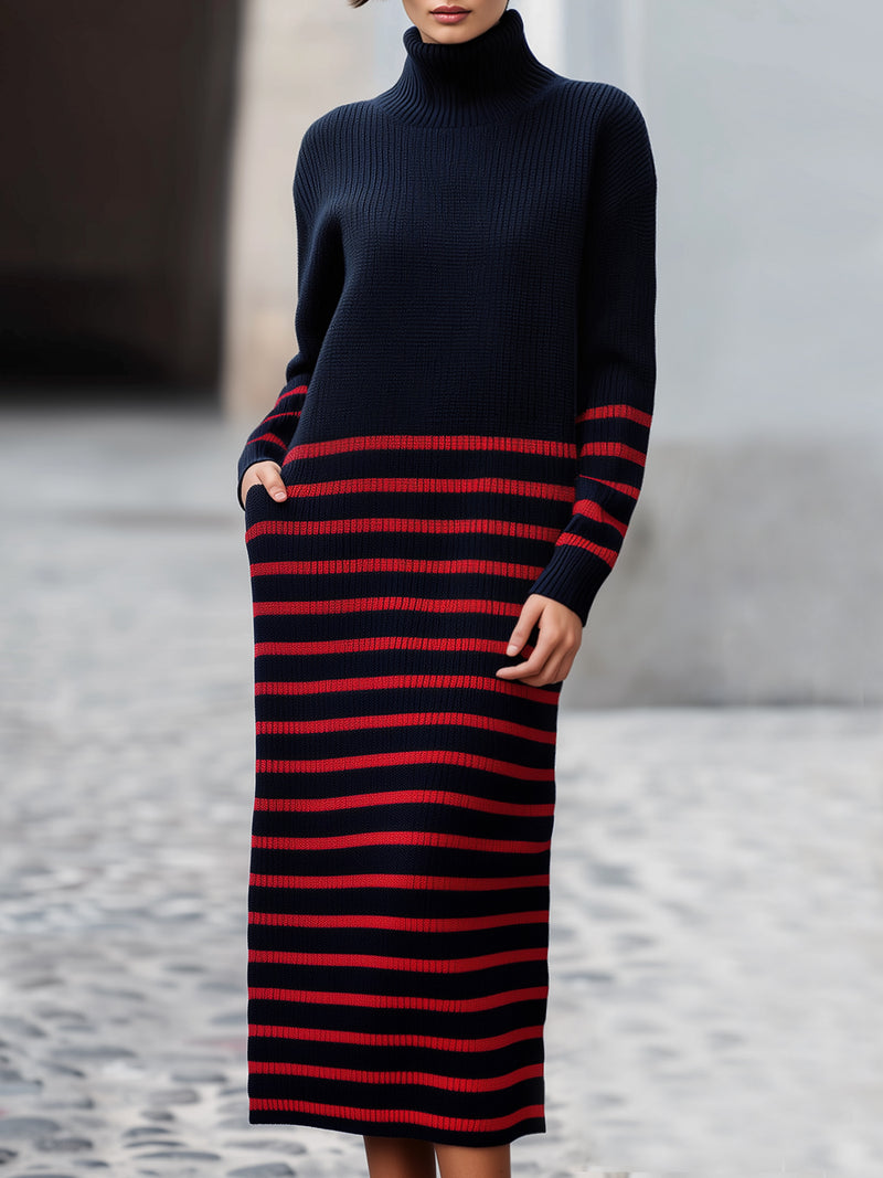 Navy & Red Striped Turtleneck Knit Midi Dress