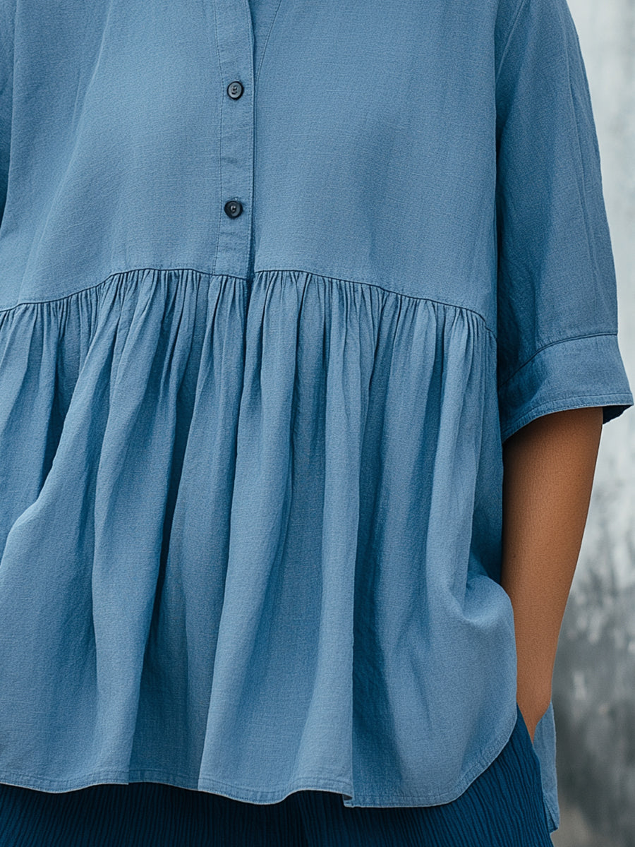 Relaxed Fit Solid Color Mandarin Collar Peplum Blouse