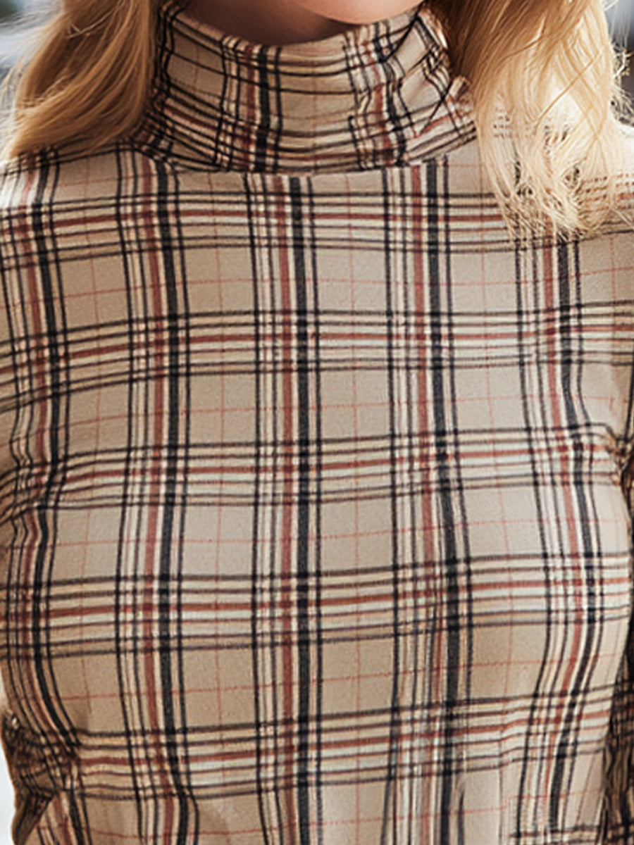 Plaid Turtleneck Long Sleeve Top